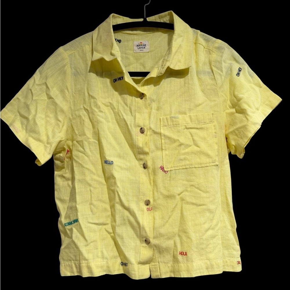 Marine Layer Yellow Top with Colorful Greeting words. Gently Used. - Picture 4 of 9